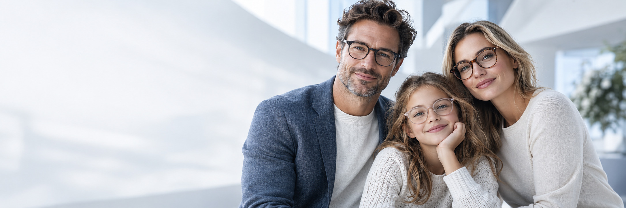 A man, woman and child wearing different styles of glasses